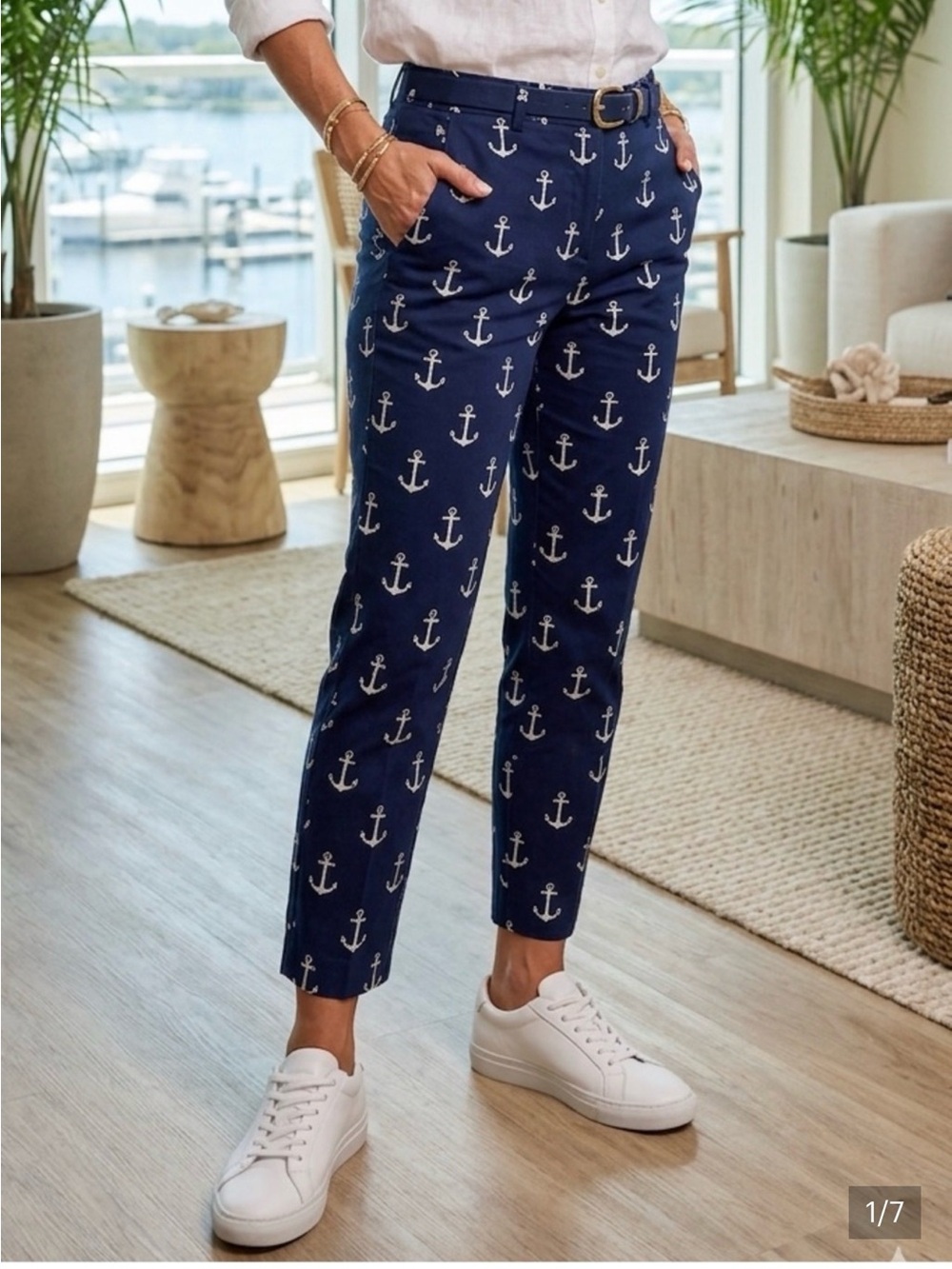 J Crew Stretch Nautical Anchor Print Navy White Cropped Ankle Pants Size 10